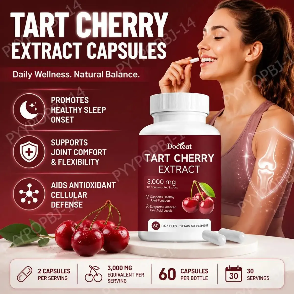 Docteat Tart Cherry Extract Capsules Supports Balanced Uric Acid Levels and Post-Exercise Recovery Comfort 10:1 60 Capsules — image 1