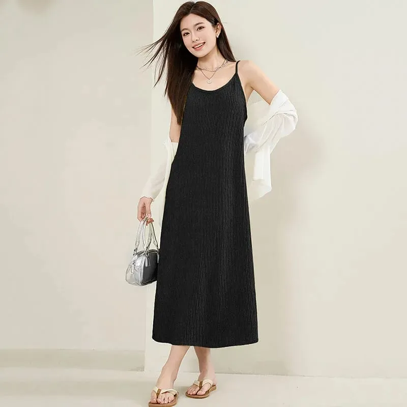 Women Spaghetti Strap Dress 2026 Summer Solid Color Loose Long Beach Sundress Lasy Elegant Sleeveless Evening Party Midi Dresses