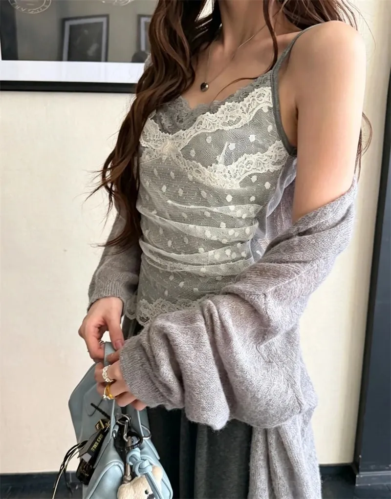 Women's Polka Dot Lace Spaghetti Strap Camisole with Pad Bust Adjustable Straps Side Lace Sexy Summer Daily Top A33079