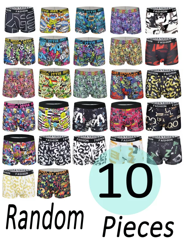 Men's 10-Pack Polyester Boxer Briefs - Random Graffiti & Pop Art Pattern Assortment, "FASHION" Waistband Underwear Set