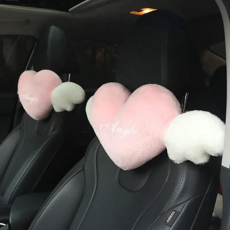 Cute Heart Angel Wings Car Neck Pillow Soft Plush Auto Headrest Pillow Universal Car Seat Head Support Cushion Decor Gift
