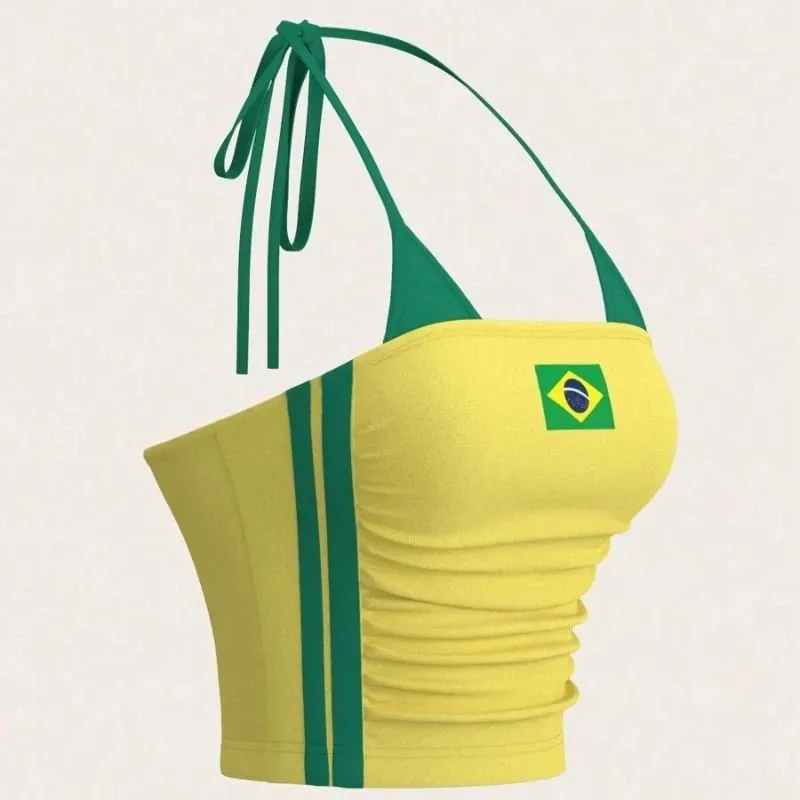 Women Brazil Flag Print Halter Crop Top Color Block Stripe Sleeveless Slim Y2K Summer Streetwear Going Out Sports Cami Tank Top — image 5