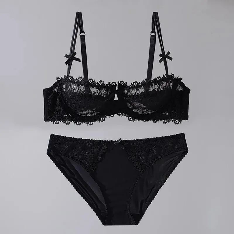 New Sweet Spicy Style Lace Lingerie Set For Women Ultra Thin Half Cup Push Up Bra Soft Steel Ring Comfort Wear