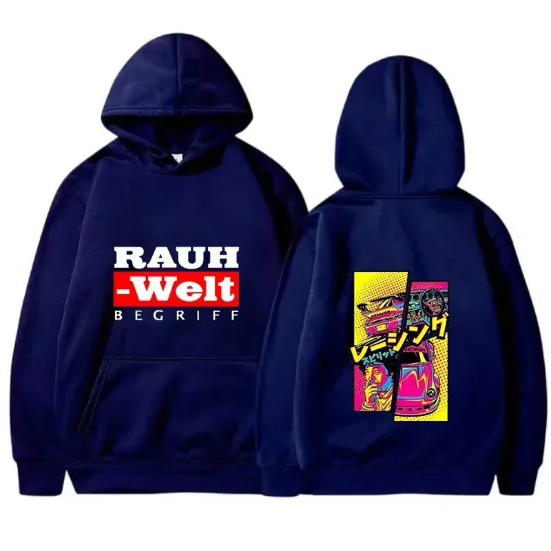 Rauh Welt Hoodie Car Widebody Tuning JDM Racing Pop Art Komik Estetik Hitam Bersaiz Besar Baju Kasual Lengan Panjang