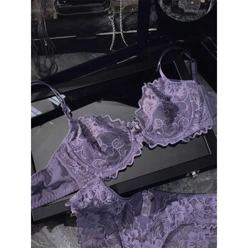 French Ultra-thin Lace Lingerie Set for Large Breasts Sexy See-through Underwire small Bust Lift Anti-sag Soft Comfy Daily Set