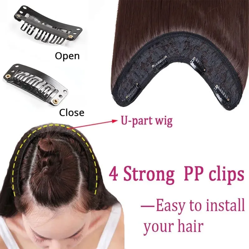 Synthetic 24Inch Long Straight One Piece Hair Extension 4 Clips V-shaped Hairstyle Black Brown Hairpiece for Women Daily Use