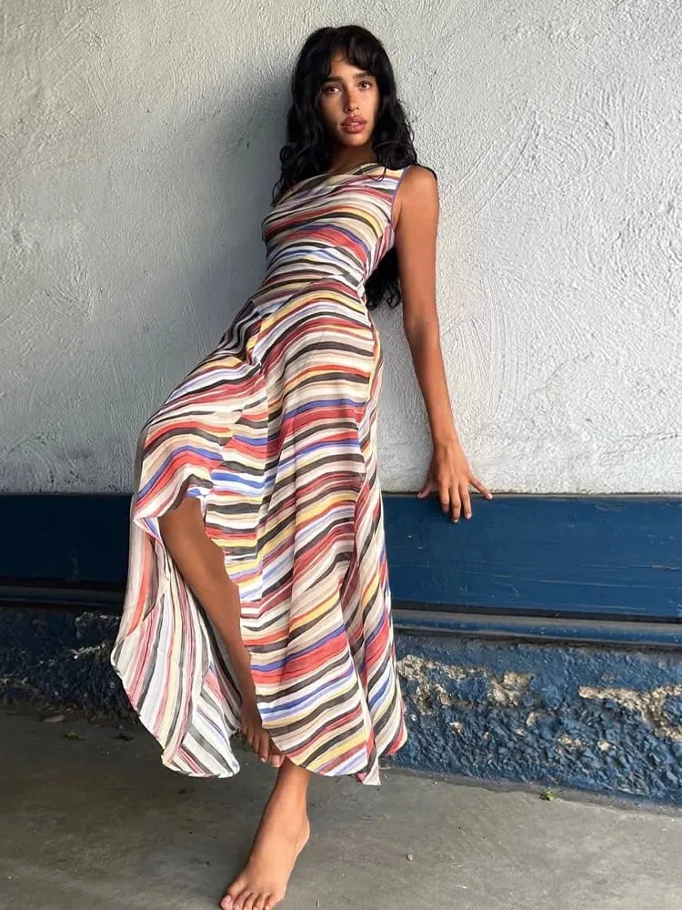 2026 Summer Colorful Stripe Long Dresses for Women Chic Sleeveless Female Midi Dress Fashion New Lady Vacation Beach Vestidos