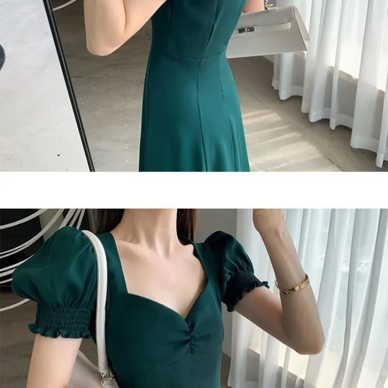 Solid Puff Kortærmet Elegant Slidkjole Ny Mode Kvinder V-hals Fuld Kjoler Dame Højtalje Slank Aftenfest Vestidos