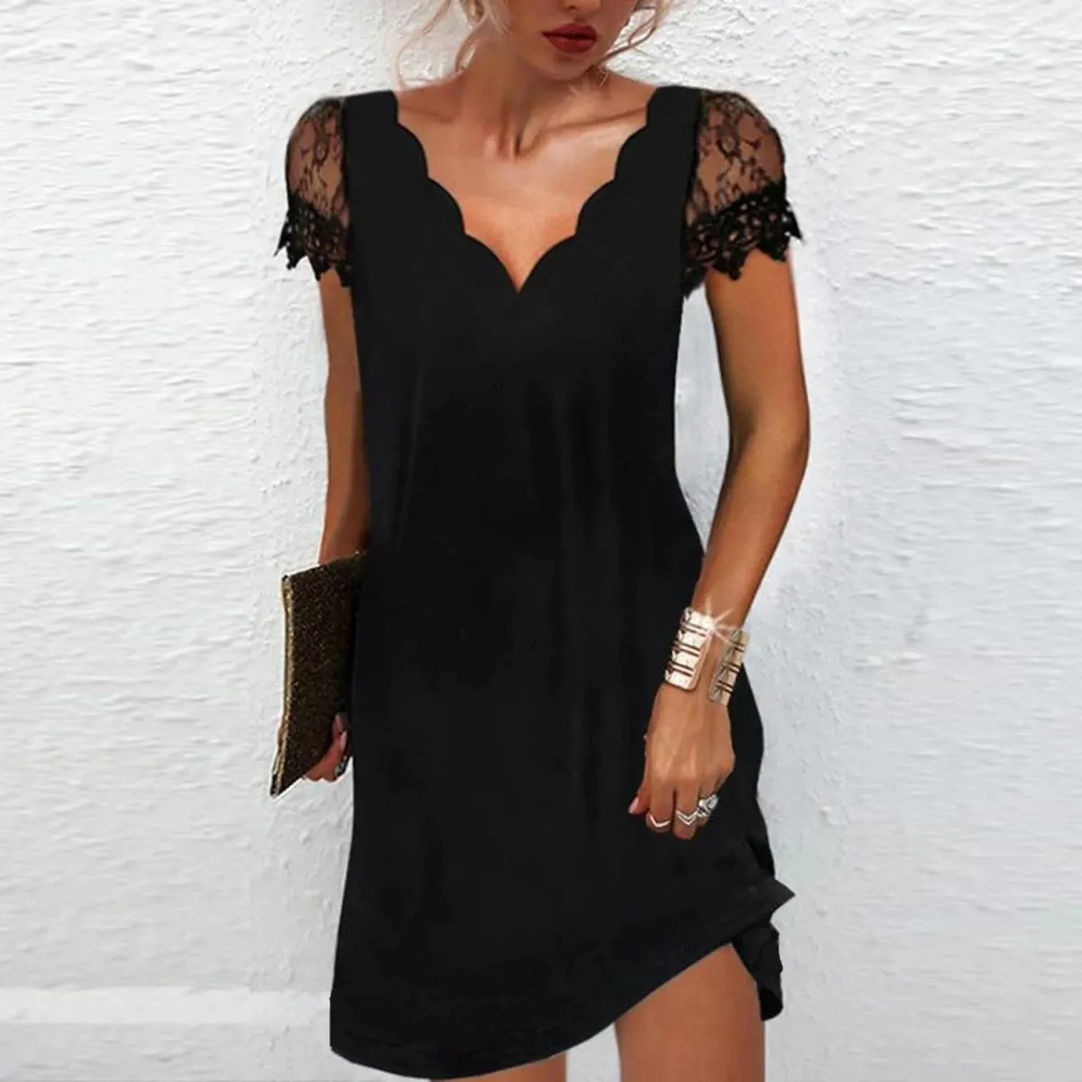 2026 New Women's New Positioning Printing Wave V-neck Lace Short-sleeved Dress — image 2
