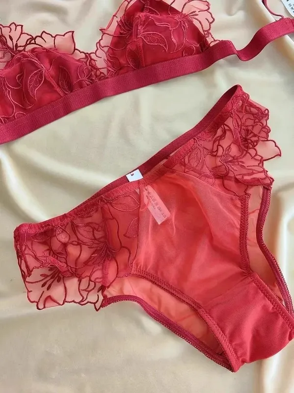 Women's French Embroidered Lace Bralette Set Ultra Thin Sexy Triangle Non Padded Wirefree Bra Small Chest Elegant Straps S-XL — image 11