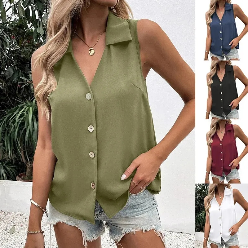 Women's V-Neck Button Chiffon Blouse Summer Lightweight Loose Casual Sleeveless Top Office Lady Solid Color Basic Vest — image 8