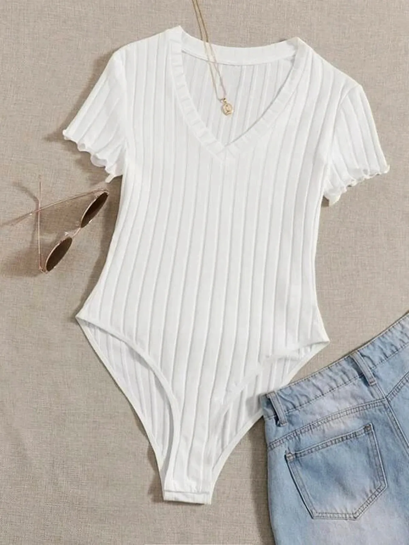 Women Ribbed Knit Bodysuit Deep V Neck Short Sleeve Ruffle Cuff Slim Fit Basic Jumpsuit Y2K Casual Daily Outfit — image 3