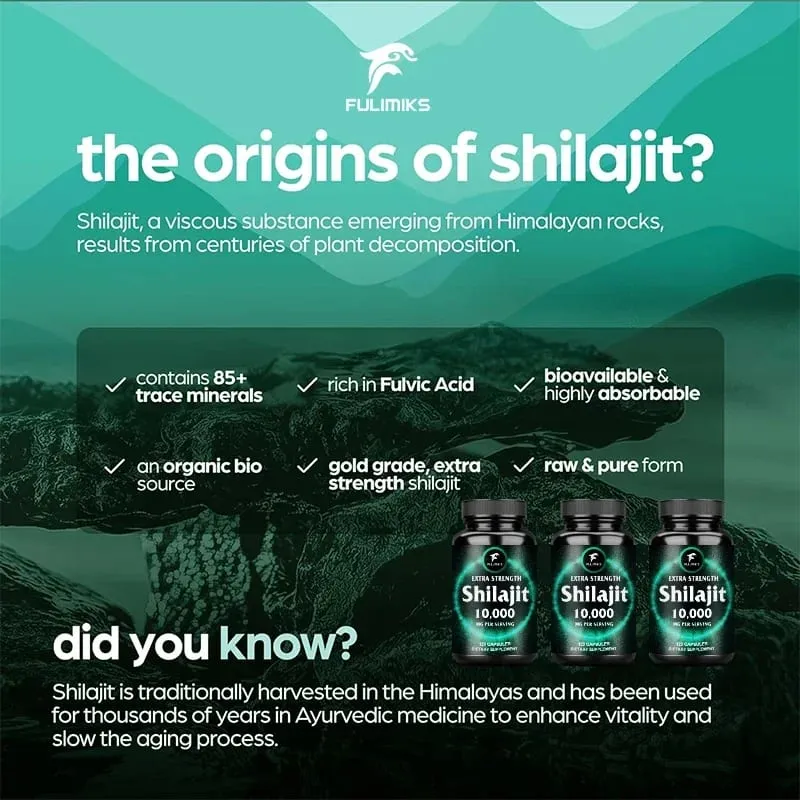 Fulimiks Shilajit 10000mg Caapsules with Pure Himalayan Extract & Fulvic Acid Support Daily Vitality Stamina Overall Health