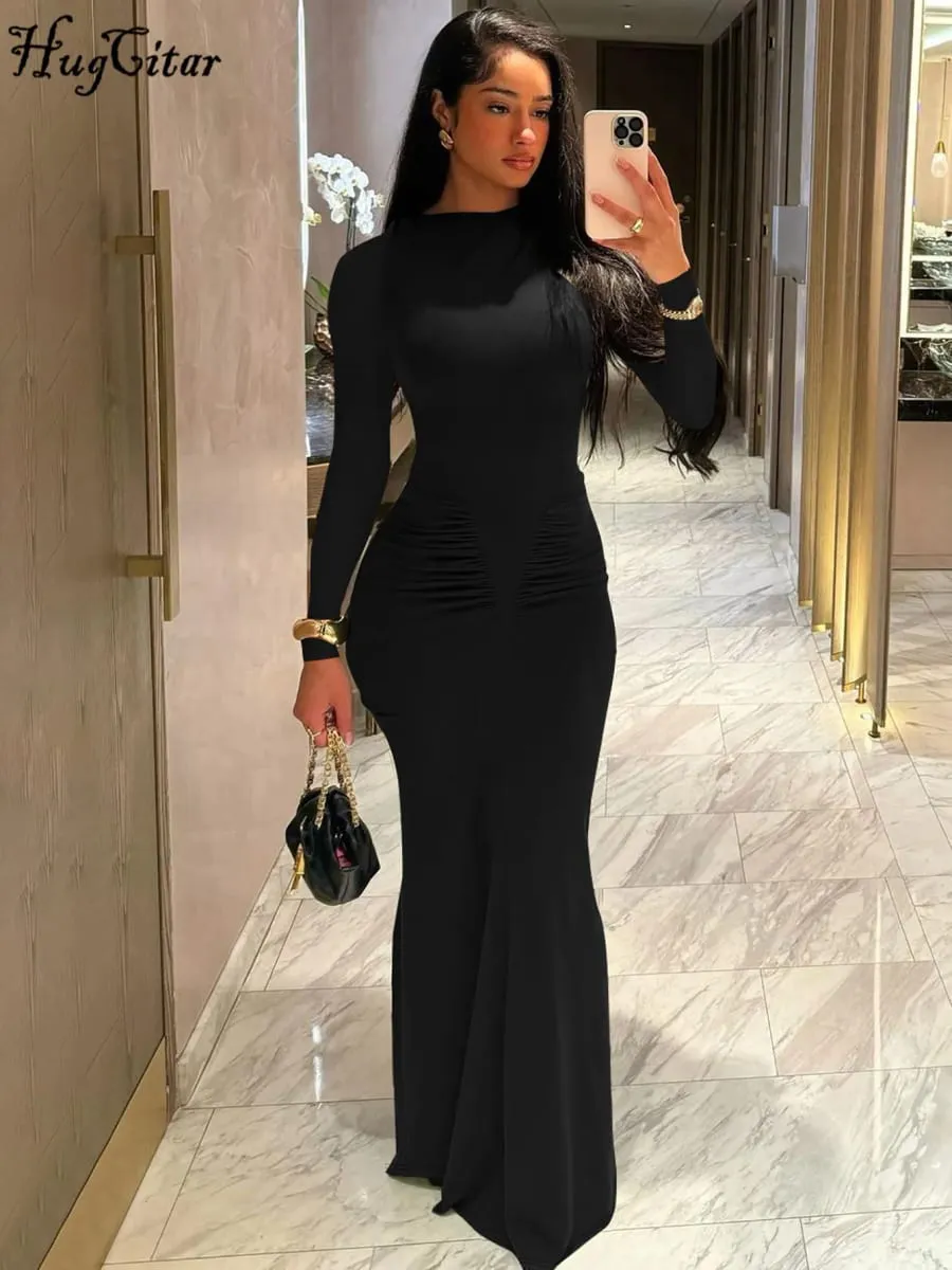 Hugcitar podzimní jednobarevné dlouhé rukávy přehozené sexy bodycon maxi plesové šaty dámská móda Y2K outfity večerní párty Festivalový klub — image 6