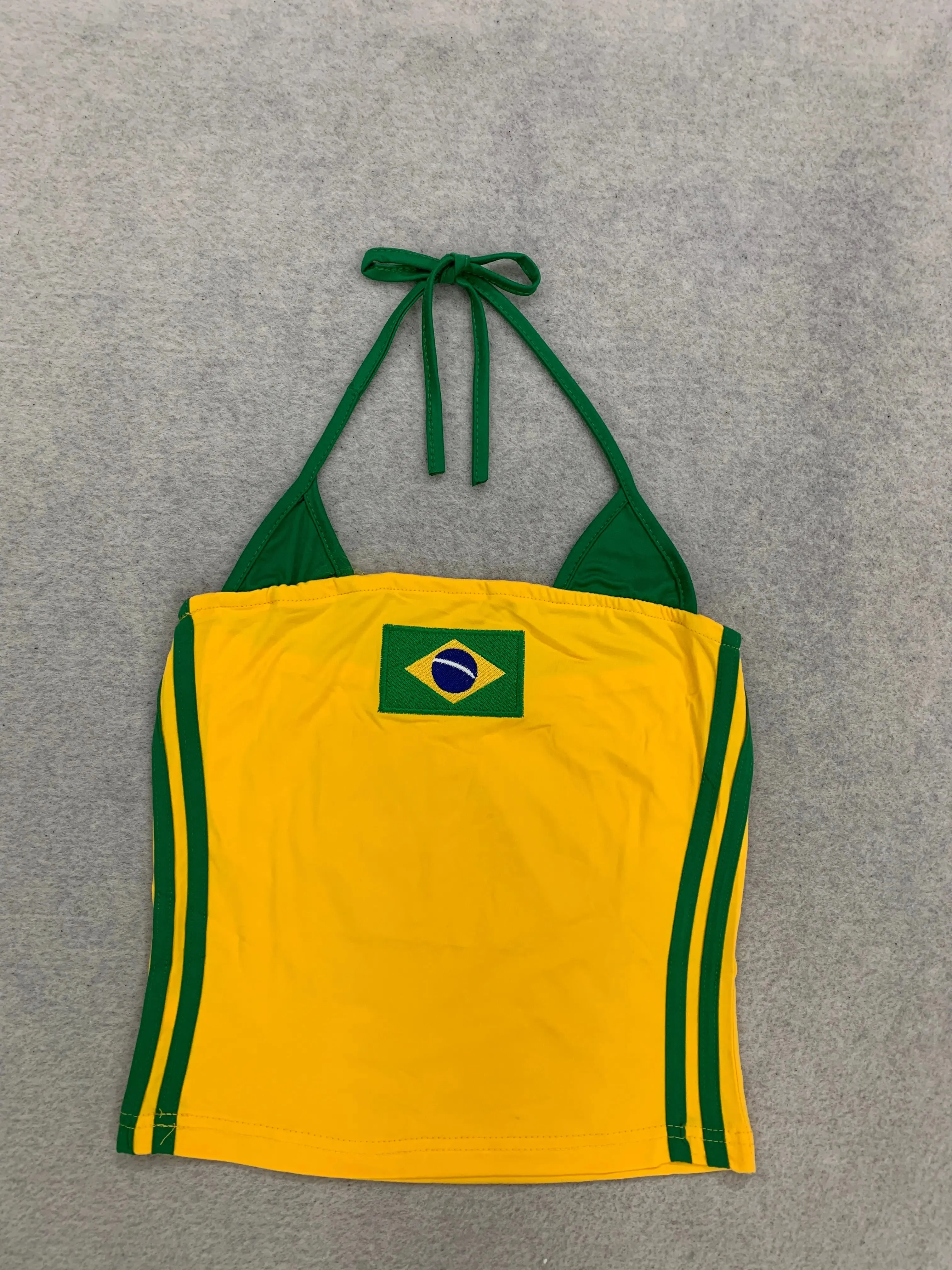 Women Brazil Flag Print Halter Crop Top Color Block Stripe Sleeveless Slim Y2K Summer Streetwear Going Out Sports Cami Tank Top — image 7