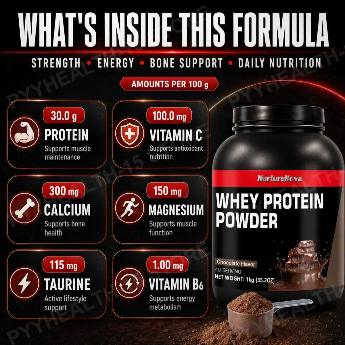 NurtureNova Chocolate Whey Protein Powder with Vitamins Minerals Taurine for Muscle Maintenance Recovery Support 1kg 40 Servings