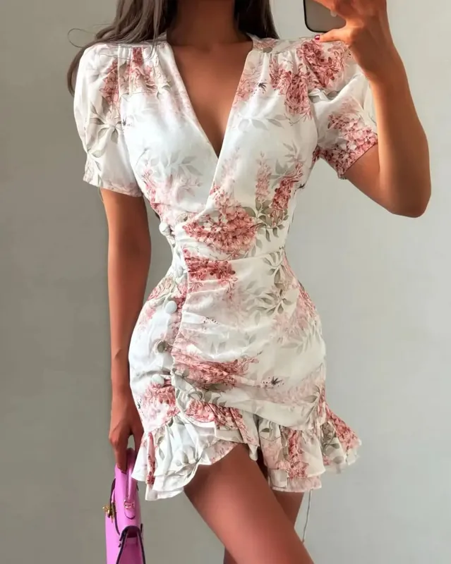 Elegant Flora Painted Ruffle Mini Dress Women Chic Full Sleeve Deep V-neck Slim A-line Dresses 2026 Lady Holiday Street Robe New — image 5