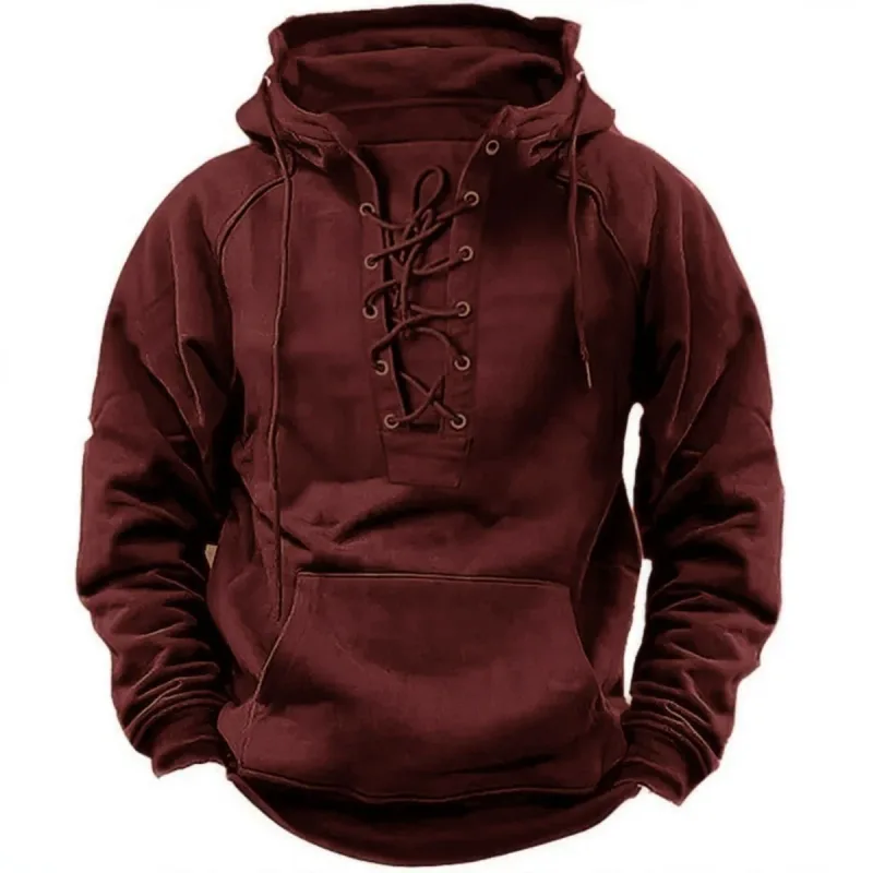 Men's Retro-Style Lace-Up Hooded Sweatshirt Loose-Fitting Long-Sleeved Pullover Pure Color Design for Autumn Winter Hoodie — image 4