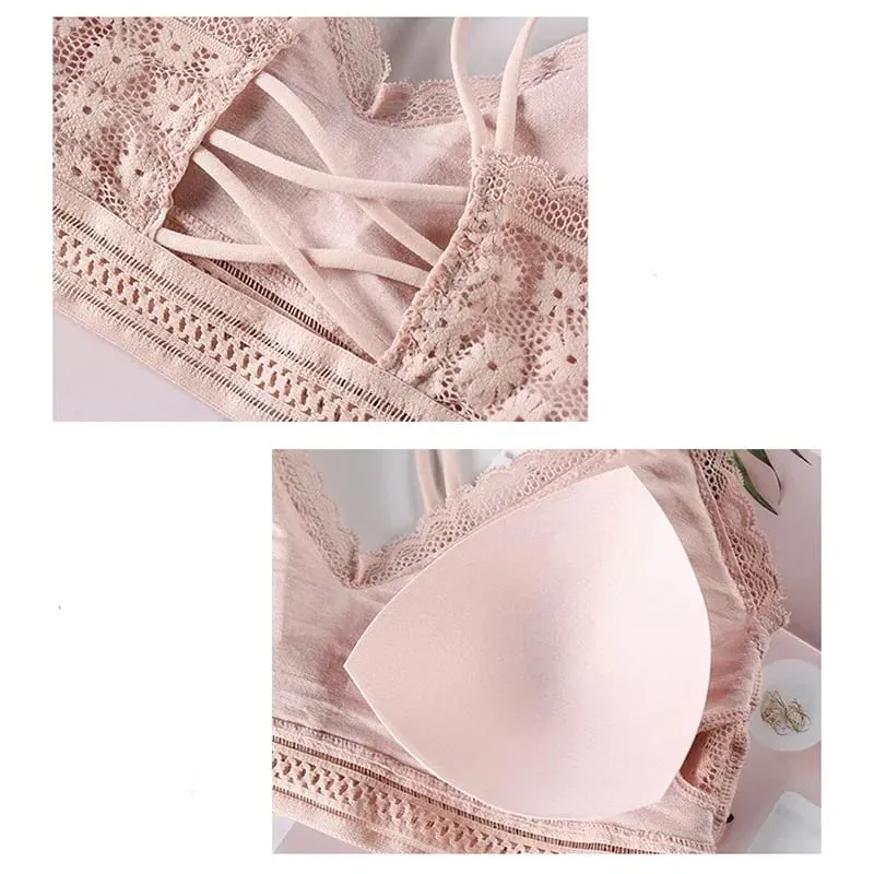 Women's Lace Lingerie Set Cross Shoulder Strap Without Steel Ring Bra Comfortable Support Underwear With Gathering Design — image 5