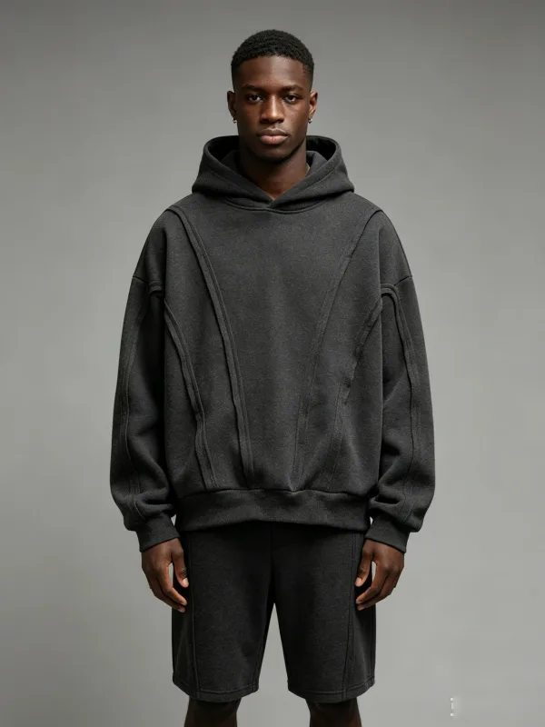 Striped solidcolor mens hooded sweatshirt with fleece forwarmth. Fashionable street casual loosefitting casual sweater with hood