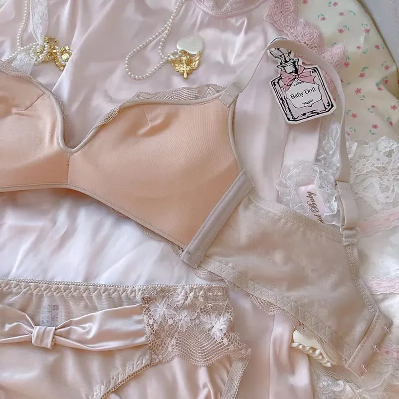 粉紅公主加厚小胸大內褲女聚攏莫代爾乳膠內衣內褲套裝蝴蝶結無鋼圈胸罩套裝