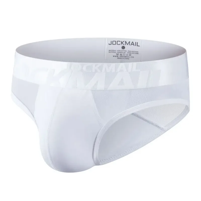 Jockmail 섹시한 남성 속옷 브리프 코튼 로우 라이즈 언더 팬츠 네트 원사 레이스, 통기성 여름 반바지 calzoncillos hombre slip