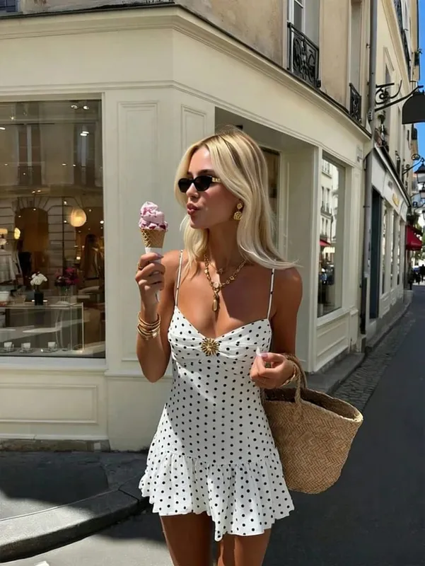2026 Summer New Women's Polka Dot Mini Dress Sexy Spaghetti Strap Ruffle Hem Cami Dress Vacation Beach Party Dress