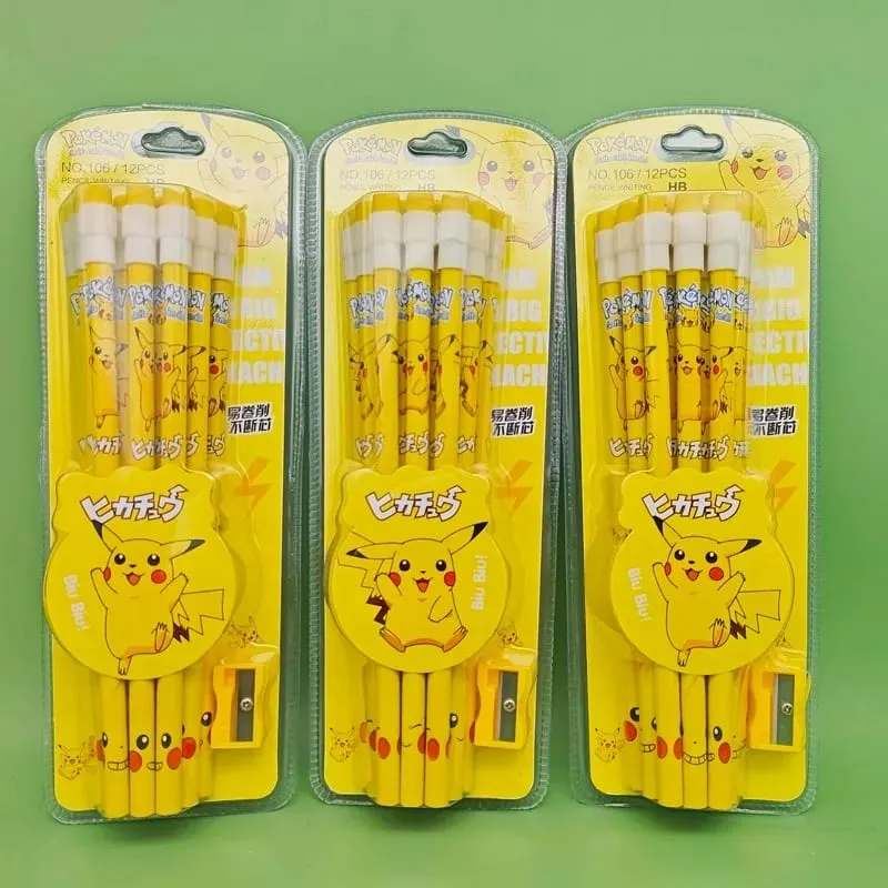 12pcs pokemon pencil with Eraser Pencil Sharpener cute pikachu Anime Figure School Supplies Office Stationery Kawaii Tools Gifts