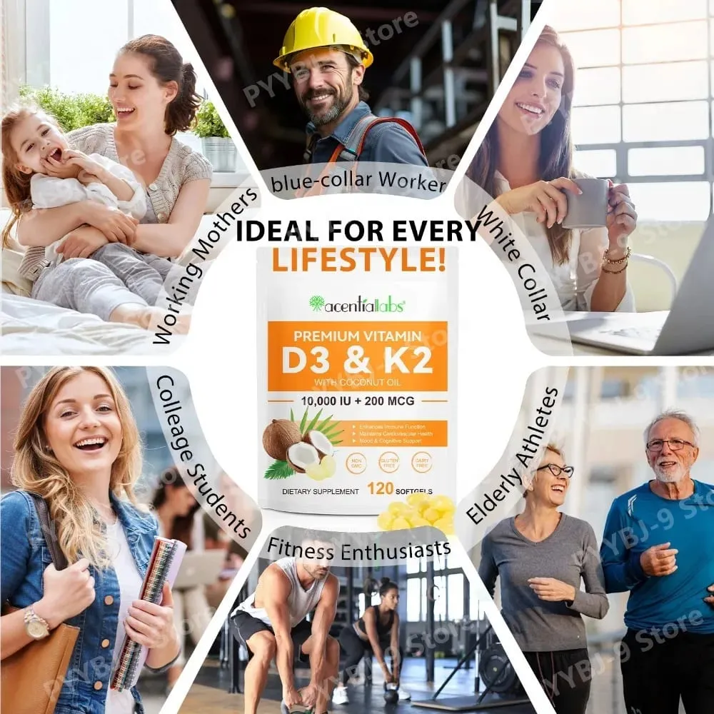 Acentiallabs Premium Vitamin D3 K2 Softgels Ergänzungen Kokosnussöl Vitamin D3 AK2 Weichkapseln zur Immununterstützung für Erwachsene