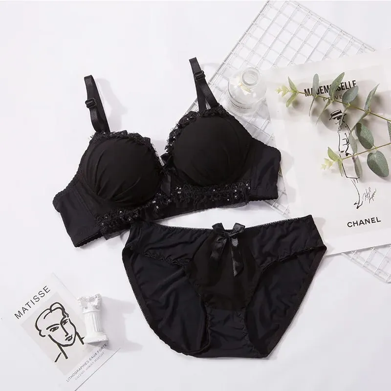 Women Lingerie Set Soft Memory Wire Ruffle Lace Bow Decor Intimate Underwear Suit No Pads Thin Breathable Adjustable Straps