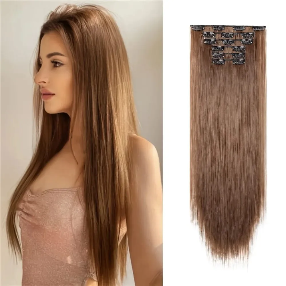 26-inch Light Brown Straight Synthetic Fiber Hair Extensions Multi-Clip Long Hair Extensions (6pcs) for Women