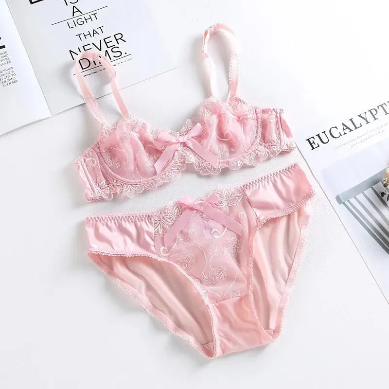 high quality sexy women bras and brief two piece set push up A B C D cup wire summer lingerie underwear pink purple white — image 11