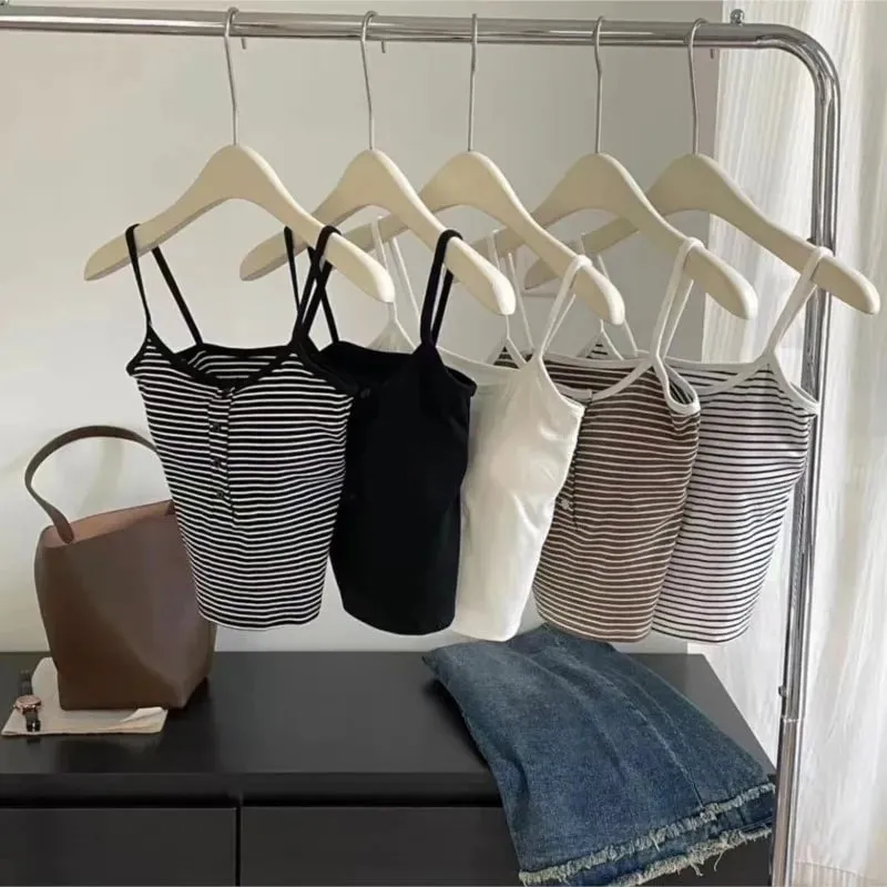 Integrated Stripe Women's Vest Inner Wear Outer Wear Button Fixed Cup No Bra Sports Top Short Style Cotton 100% Short Vest