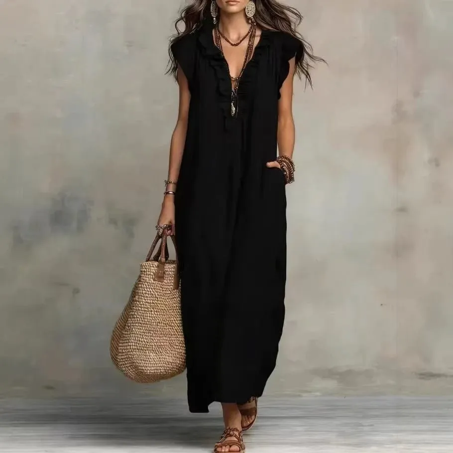 2026 verão feminino boho algodão linho maxi vestido cor sólida plissado decote em v sem mangas solto vestidos longos com bolsos casual praia