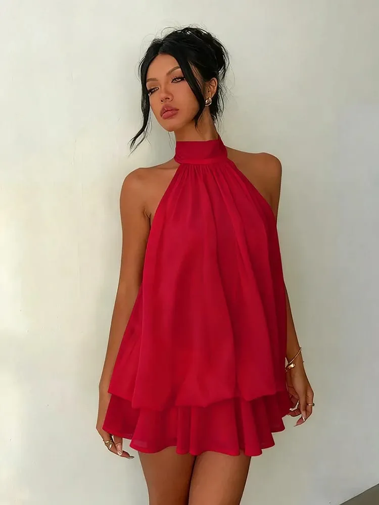Women Halter Neck Backless Tie Mini Dress Summer Sleeveless Chiffon Ruffle Short Dresses Sexy Club Party Beach Vacation Outfit — image 4