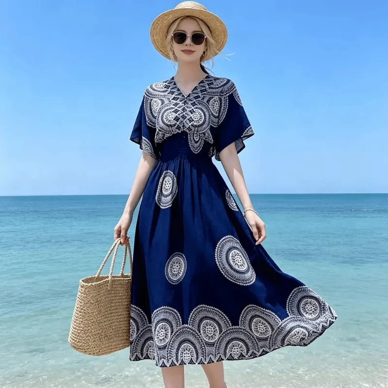 Boho Holiday Women V-Neck Batswing Short Sleeve A-Line Midi Dresses Slim Elastic Waist Casual Vintage Office Lady Elegance Dress — image 7