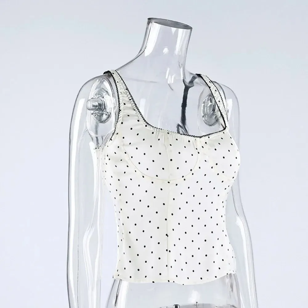 Street Chic Spaghetti Strap Polka Dot Tank Top Square Neck Slim Cropped Sleeveless Silk Vest Off-shoulder Lace Camis Female — image 5
