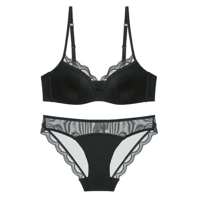 Women's Thin Smooth Satin Bra & Briefs Set Summer Solid Lace Decor Anti Sagging Lingerie Bra Sweet Underwear Suit Нижнее Белье