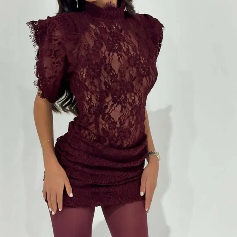 Retro สีทึบแขนสั้นฤดูร้อนชุดแฟชั่นเย็บปักถักร้อยชุดสุภาพสตรี STAND COLLAR Lace Slim Mini Dress