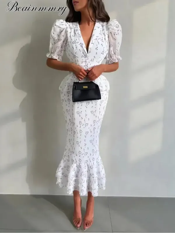 Women Elegant Printed V-neck Dress Chic Lapel Waist Cinched Pleated High Waisted Dresses 2026 Summer New Lady Vacation Gowns