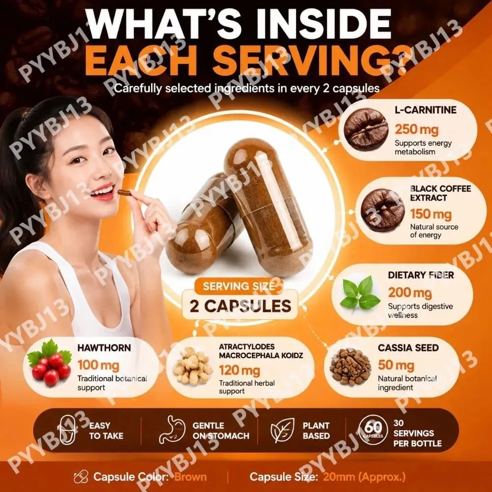 L-Carnitine Black Coffee Capsules - Weight Management & Fat Metabolism Support Cellular Energy Booster Fitness 60 Capsules