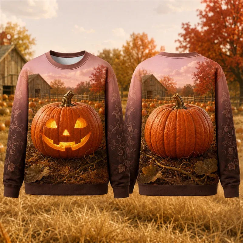 Autumn Winter Halloween Men Sweatshirt 3d Print Vintage Farm Pumpkin Lantern Pullover Sweatshirt Thanksgiving Party Unisex Top