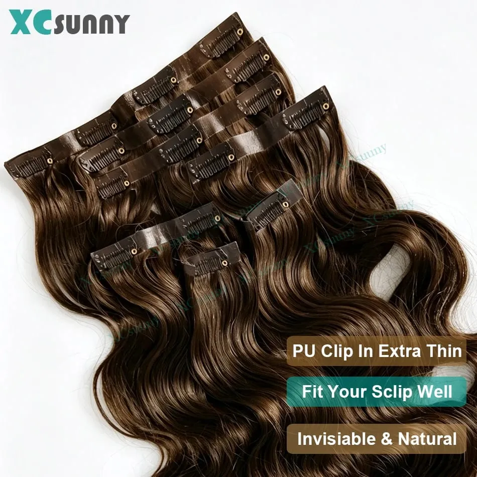 PU Clip Ins Human Hair Extensions Body Wave Chocolate Brown Color 4 Seamless Skin Weft Clip Ins for Women 100g- 240g — image 2