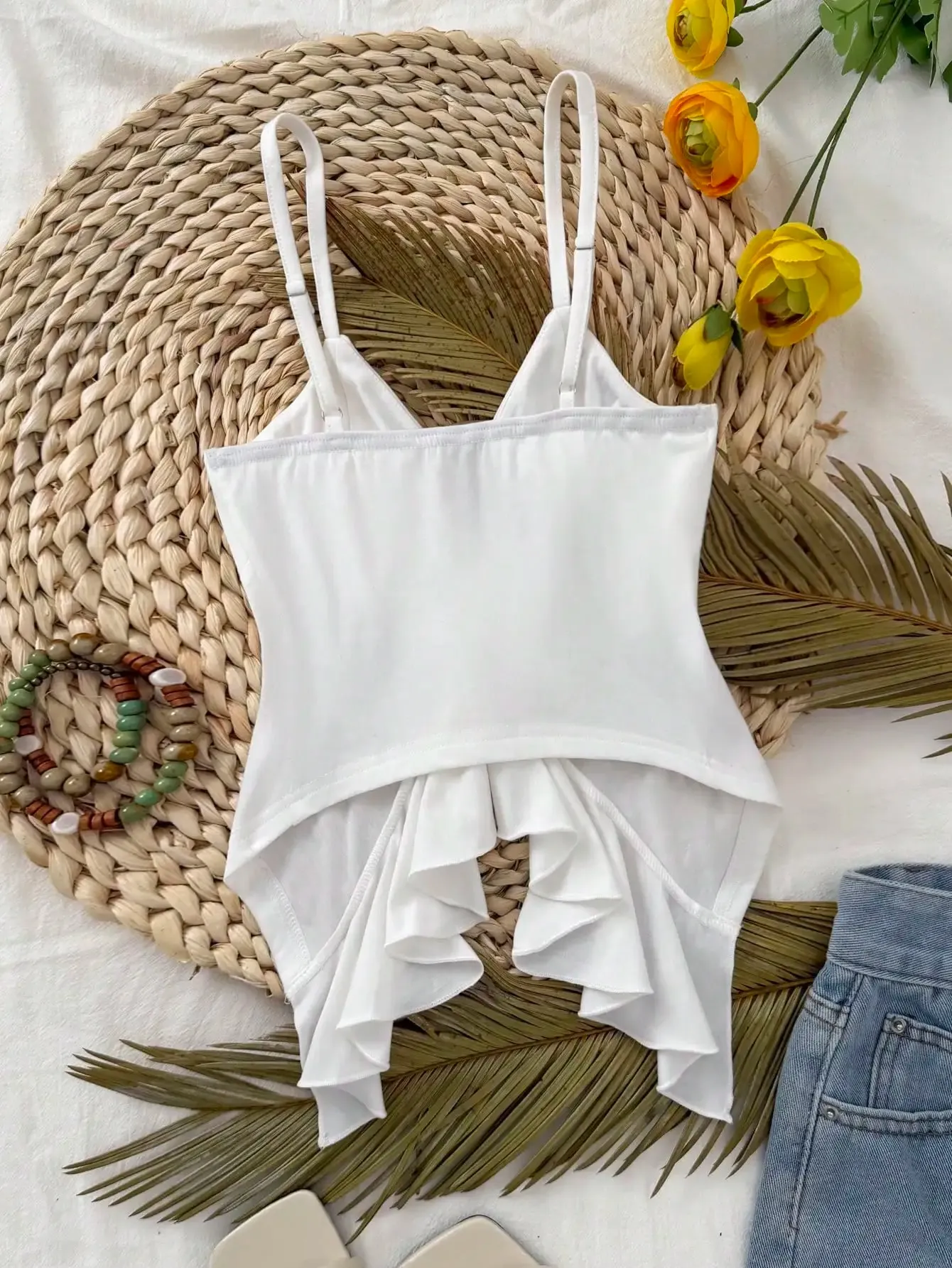 Women Deep V Spaghetti Strap Cami Top Front Self Tie Bow Ruffle Cutout Waist Slim Fit Solid White Summer Y2K Sleeveless Tank Ves