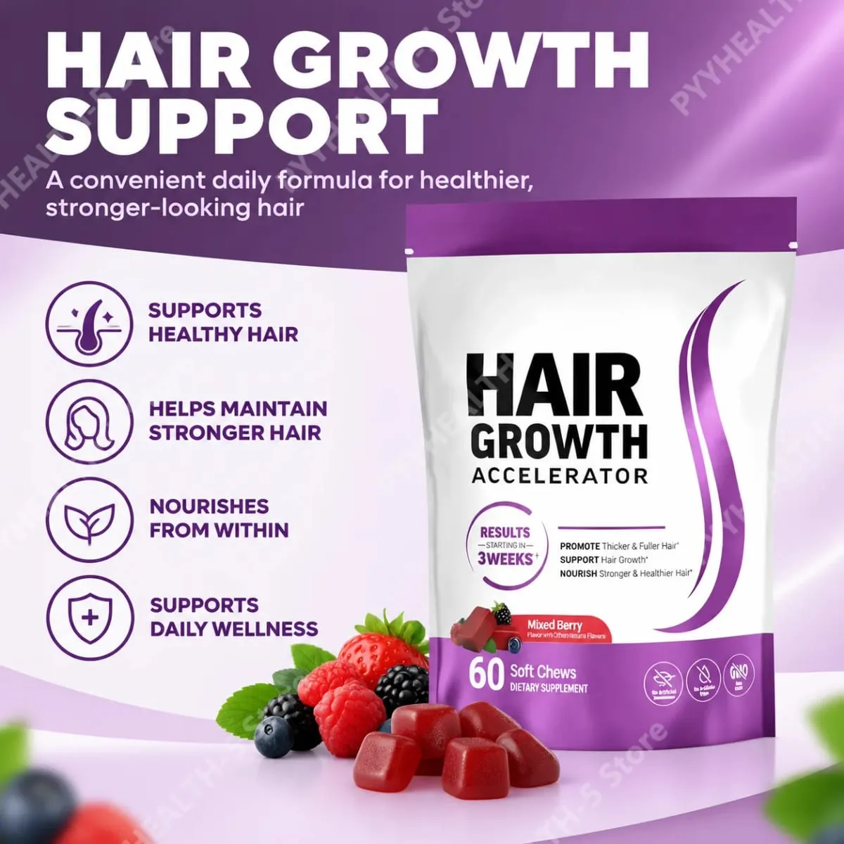 Biotin Hair Growth Soft Chews อาหารเสริมสนับสนุน Fuller ผมหนา Vitamin C & E สำหรับสุขภาพผมบำรุง 60 Gummy