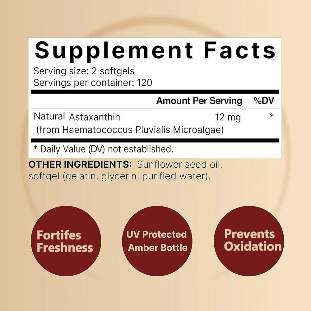 Astaksantyna o potrójnej sile 12 mg - Naturalny suplement przeciwutleniający astaksantyna Nie zawierający GMO i bezglutenowy - 120 kapsułek żelowych — image 3