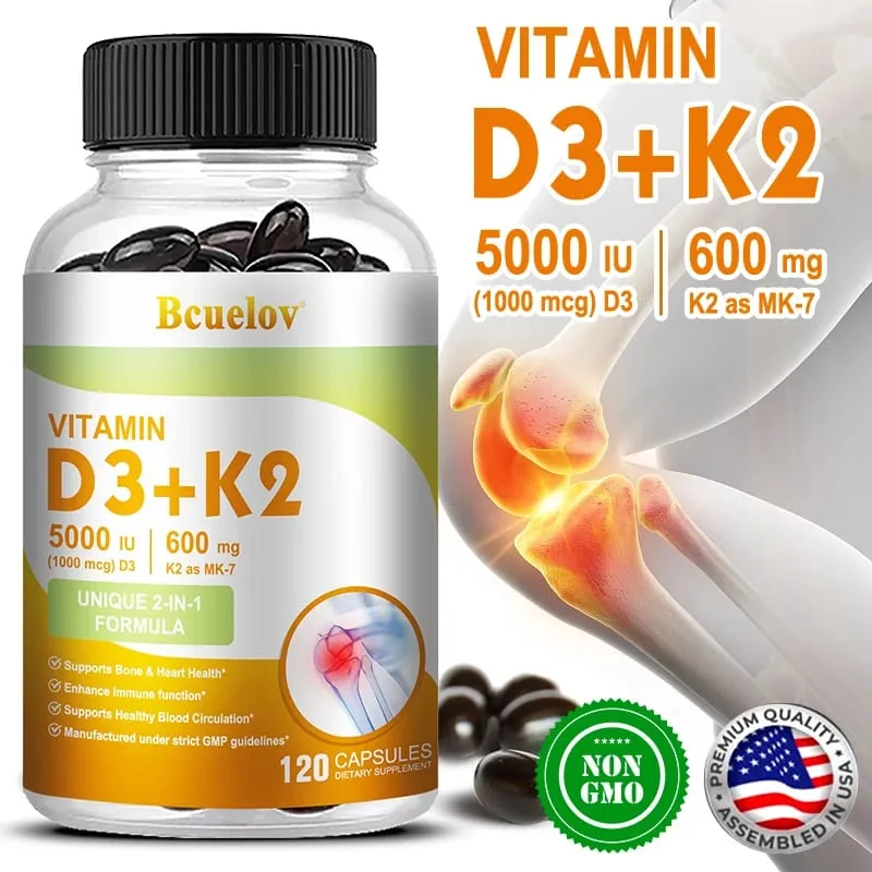 Bcuelov Vitamine D3+K2 5000 UI Formule de vitamine D3 sans OGM, complément alimentaire complexe de vitamines D et K facile à avaler