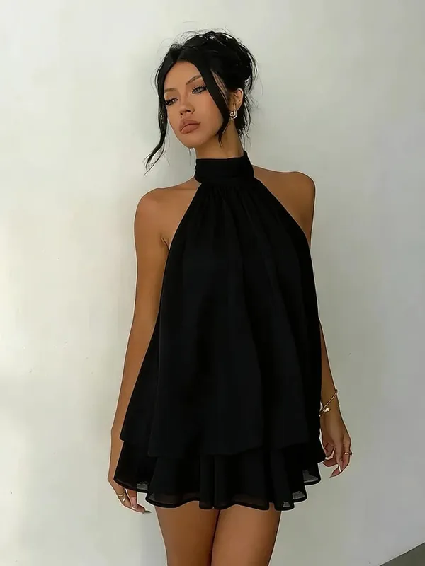 Women Halter Neck Backless Tie Mini Dress Summer Sleeveless Chiffon Ruffle Short Dresses Sexy Club Party Beach Vacation Outfit — image 7