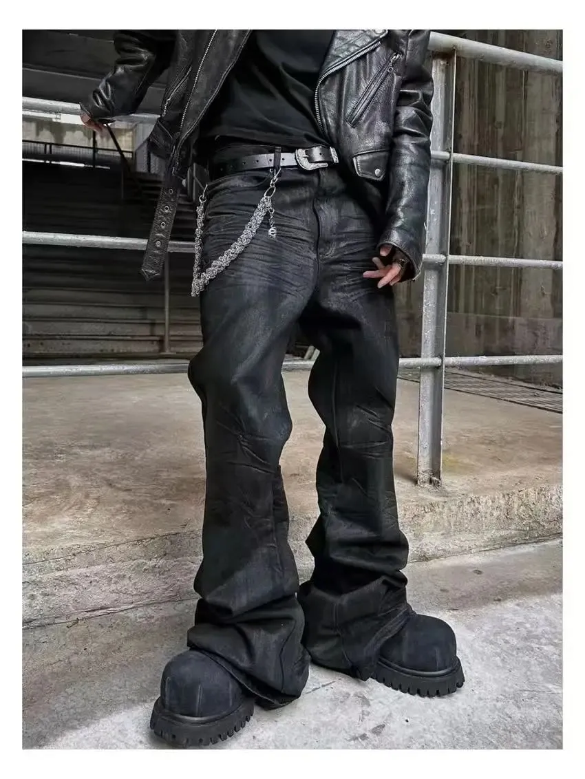 High street coated micro-flare jeans American retro heavy industry men and women black gothic retro casual loose jeans — image 5