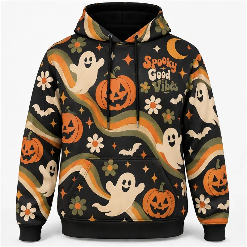 Halloween Hoodie 3D All Over Print Polyester Sweatshirt Gothic Ghost Pumpkin Bat Witch Skull Horror Streetwear Pullover Unisex